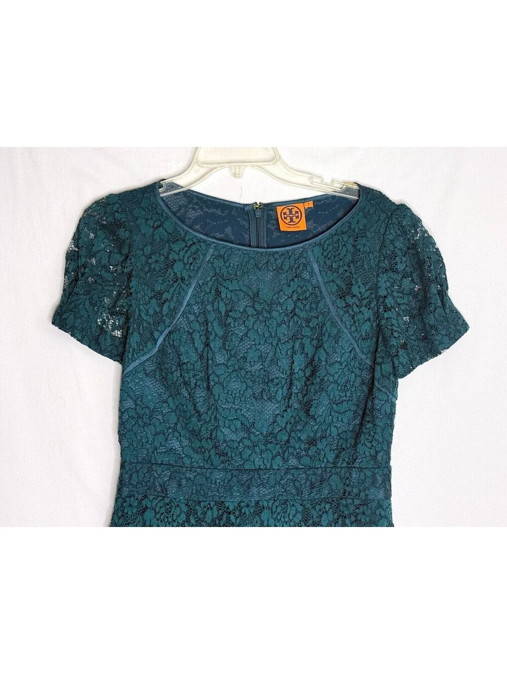 Tory Burch Teal Lace Cocktail Dress 8 Silk Ruffle Puff Sleeve